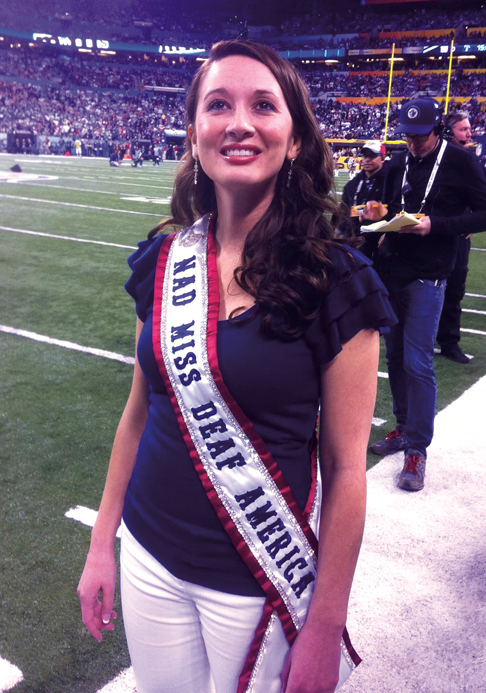 Mazique was invited to perform the National Anthem in American Sign Language at SuperBowl XLVI. Photo courtesy of Miss Deaf America Ambassador Program/Facebook.