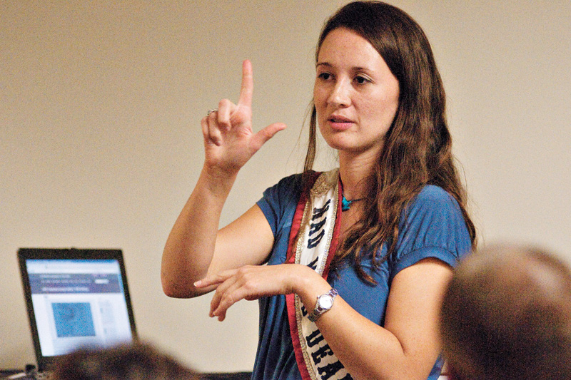 Mazique sheds light on the history of Deaf communication and the communication barriers at the university during an event hosted by Services for Students with Disabilities. Photo by Kiersten Holms, Courtesy of The Daily Texan.