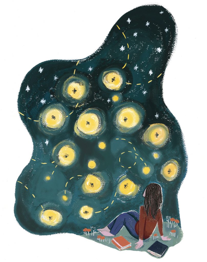 Gauche painting of a young woman sitting atop a field looking up at the night sky alit with fireflies..