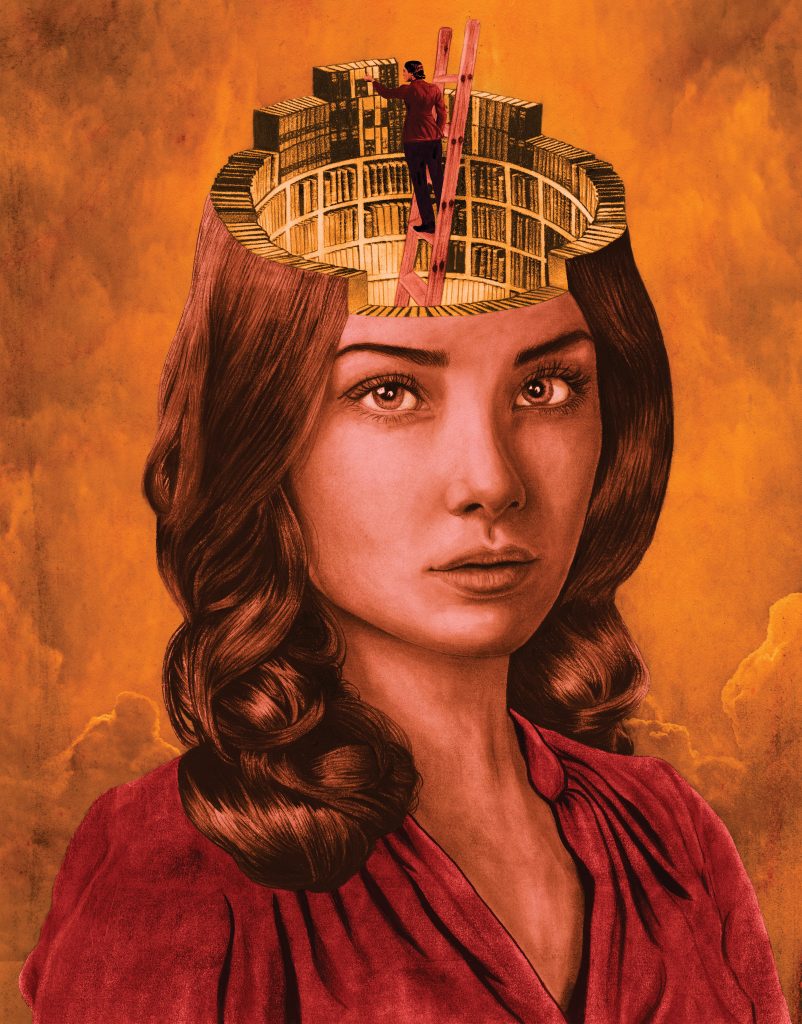 Stylized illustration of a woman on a ladder reaching for library books inside of a larger woman's head.