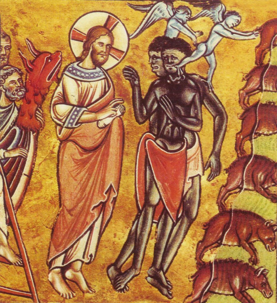 Ancient illustration of the Healing of the Gadarene demoniacs. Jesus Christ appears to be healing two African men with demonic-winged creatures flying above them.