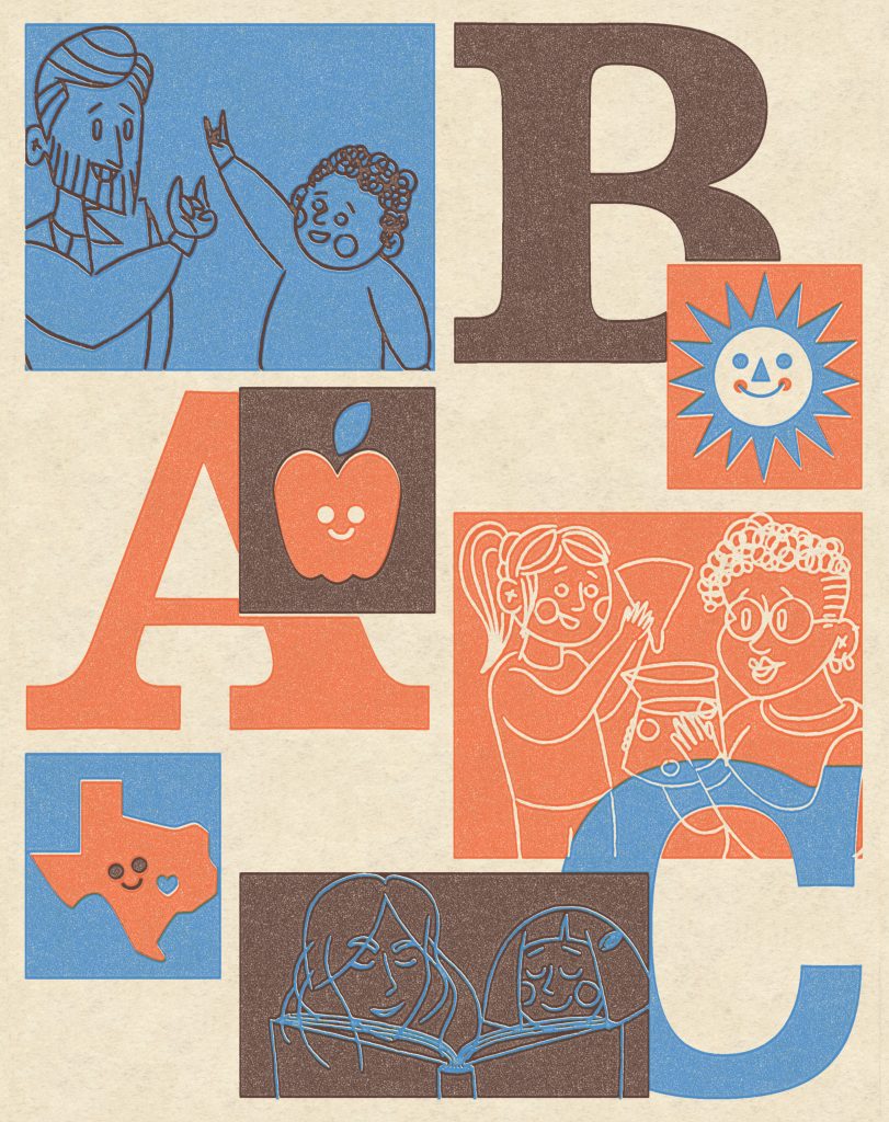 Illustration of parents and children learning, playing and communicating by sign language with each other. They are next to illustrations of ABCs, a happy sun and a happy state of Texas.