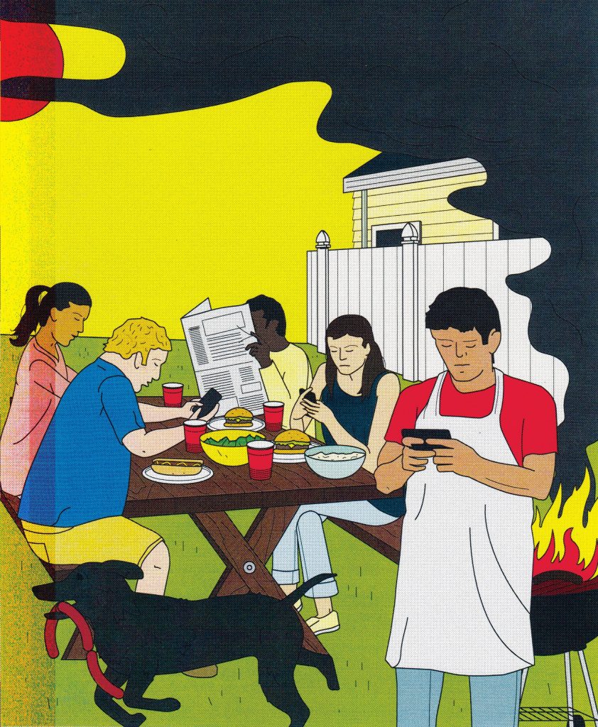 Stylized illustration of a backyard barbecue with all of its guests looking down at their phones and not talking to each other. All the while a fire has begun in the grill and appears to be getting out of control. An excited dog makes off with a link of sausages in its mouth.