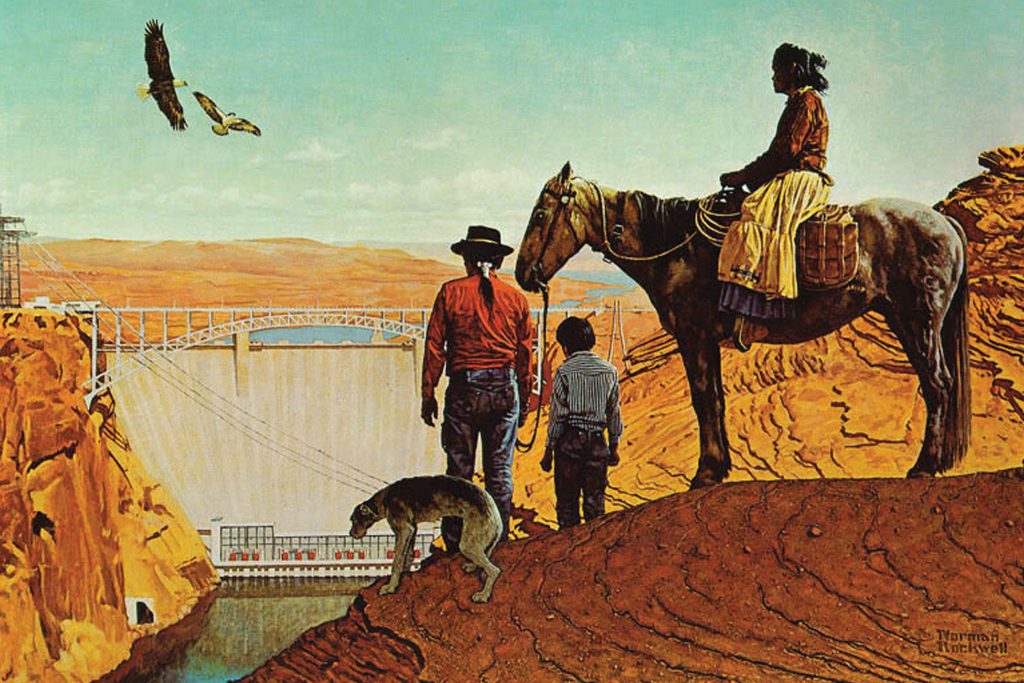 Norman Rockwell painting of the Glen Canyon Dam, with a Native American family, their horse and dog looking on. Two eagles fly overhead over a clear, blue sky. 