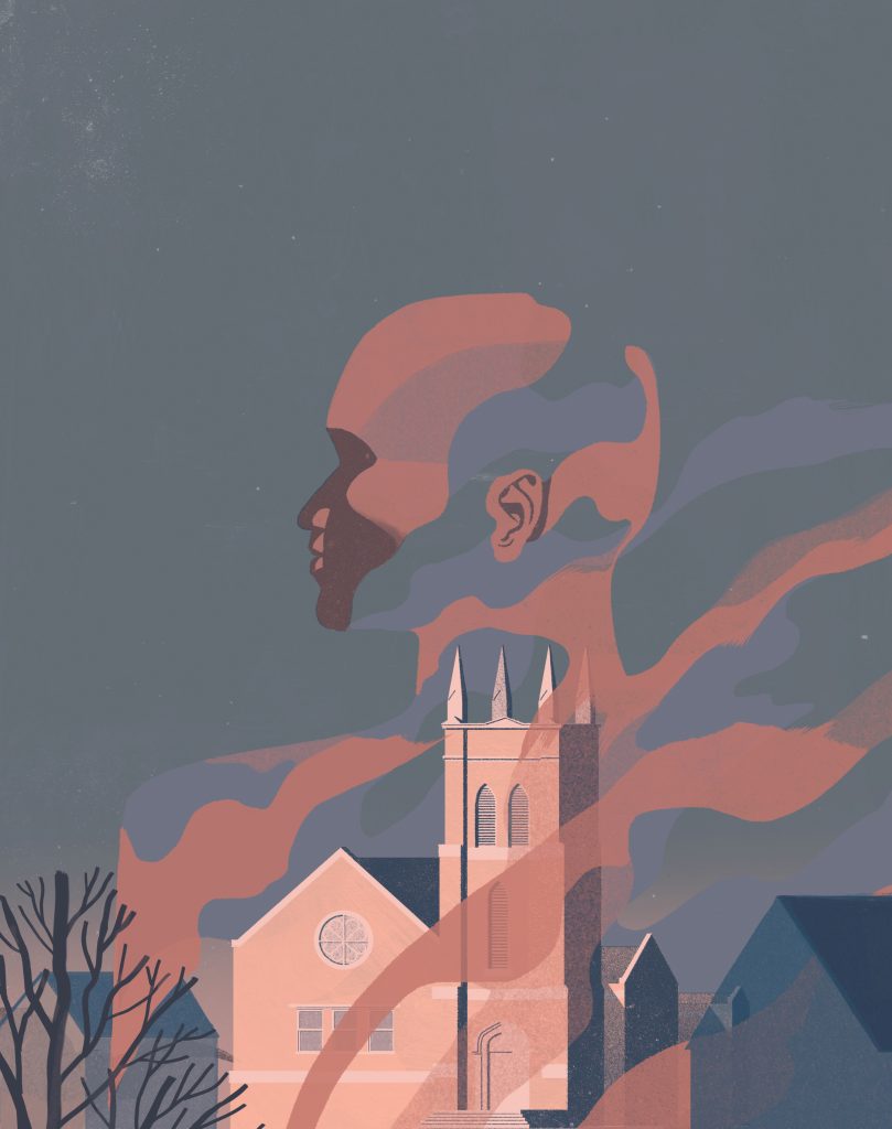 Surreal illustration of a church in Austin amid a neighborhood. A ghostly mist floats above the church and into the grey sky. The apparition is in the shape of a profile of an African-American’s face.