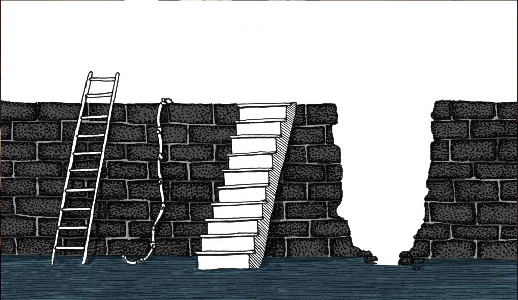 Illustration of a brick wall with multiple options to traverse. We can see a ladder, a rope, stairs, and a broken open section in the wall.