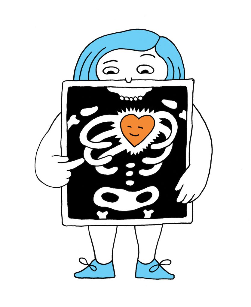 A simple drawing of a woman holding an x-ray to her chest. In the x-ray, we see a smiling heart inside her rib cage.