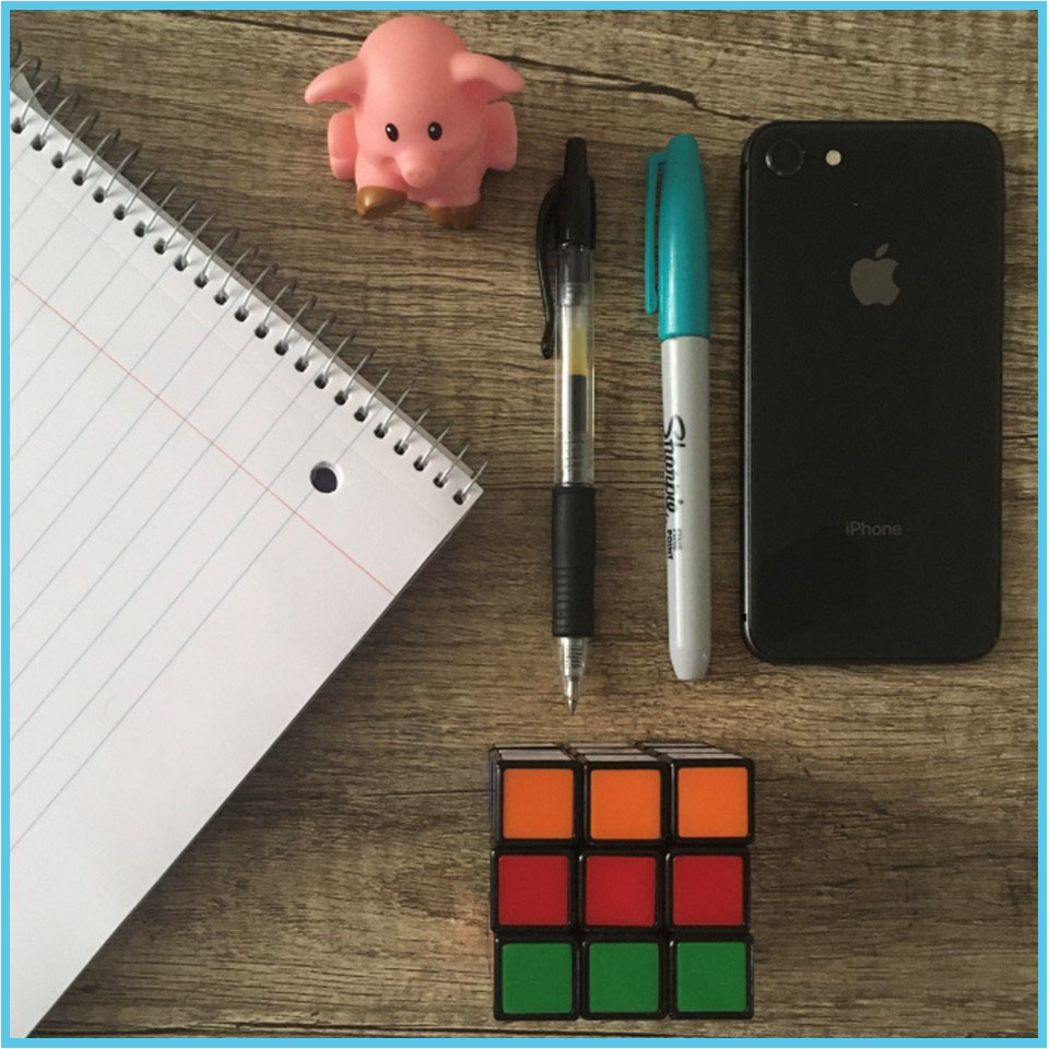 Spiral notebook, small toy pig, pen, sharpie marker, iPhone and Rubik's cube. 