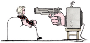 cartoon drawing of woman confronted by her tv with a gun
