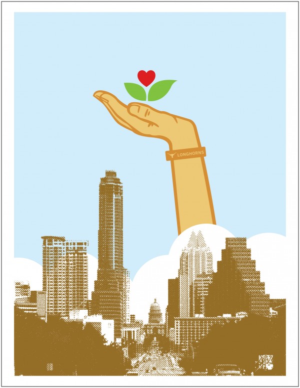digital drawing of hand holding rose coming out of Austin skyline
