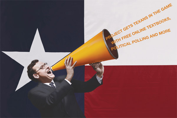 James Henson with megaphone. Texas flag in background.