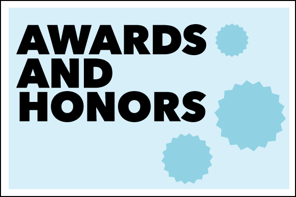 Award and Awards type treatment with blue background.