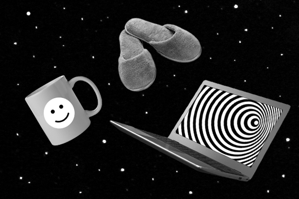 Twilight Zone inspired photo collage of a coffee mug, slippers, and a laptop floating in space. The laptop has a hypnotic swirl image in it and the whole image is in black and white.