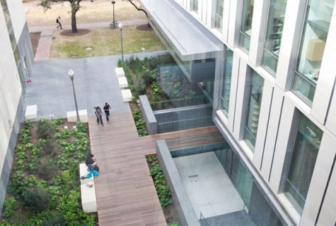 Image of sky bridge connecting the new building to the Student Activity Center makes an ideal study spot.