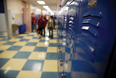 highschool hallway with blue lockers