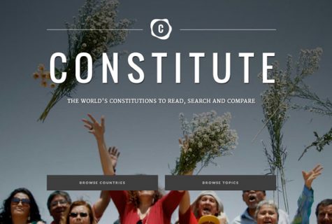 Constitute project website home page with people standing with arms overhead.