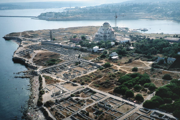 Ariel view of Chersonesos with the newly renovated St. Volodymyr's Church in 2001. Photo by Christopher Williams.