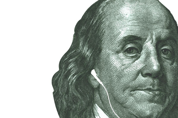 Benjamin Franklin with ear pods in his ears.