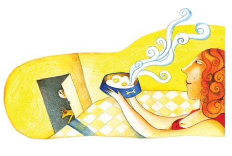 Illustration of red-curly-haired woman with dog's bowl with two fried eggs and boy and dog entering through door. Illustration: Yevgenia Nayberg.