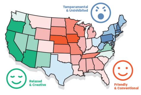 Map of United States with colors to denote which Happy Face: Temperamental & Uninhibited, Friendly & Conventional, Relaxed & Creative.