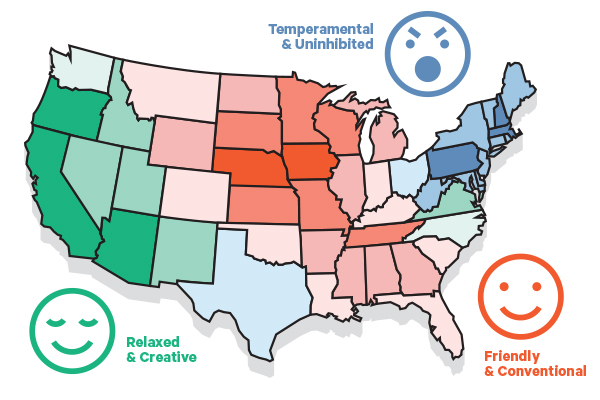 Map of United States with colors to denote which Happy Face: Temperamental & Uninhibited, Friendly & Conventional, Relaxed & Creative.