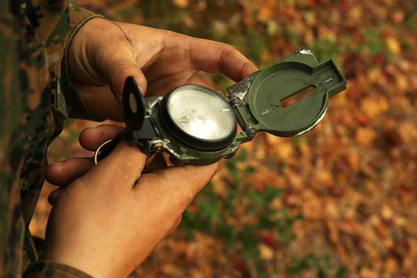person holding compass with leaves in background