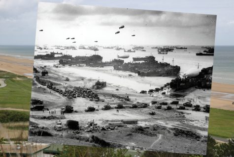 Composite image contrasts Omaha Beach site in Normandy region of France on D-Day, 1944 with view of same site on May 7, 2014