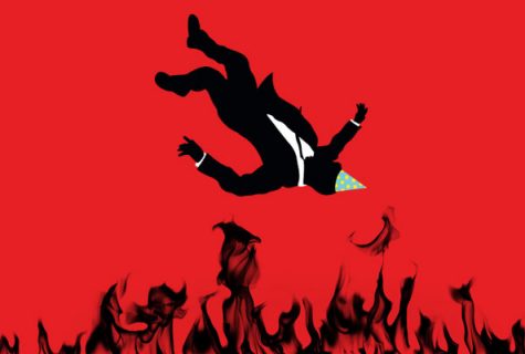 Stylized illustration of a silhouetted man in a suit falling into flames against a red background. The man wears a colorful, pointed birthday hat. The illustration is reminiscent of the opening titles from the t.v. show, Mad Men.