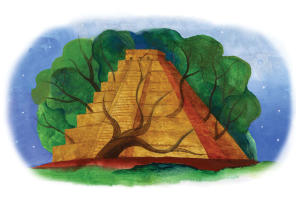 Illustration of a Mayan ruined ziggurat with zines and trees growing around it.