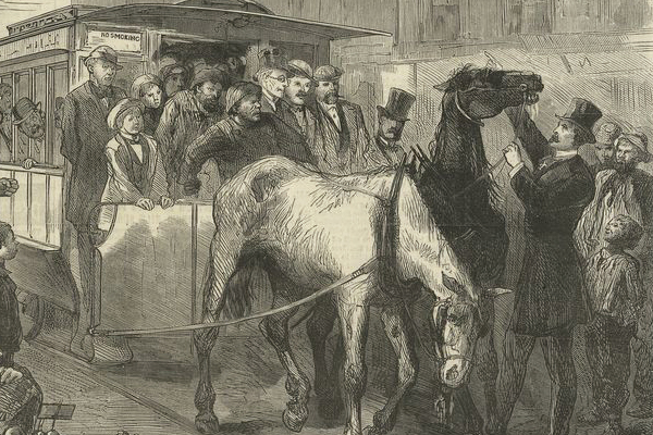 Old illustration of two overworked horses pulling a trolly cart in a crowded street with onlookers.