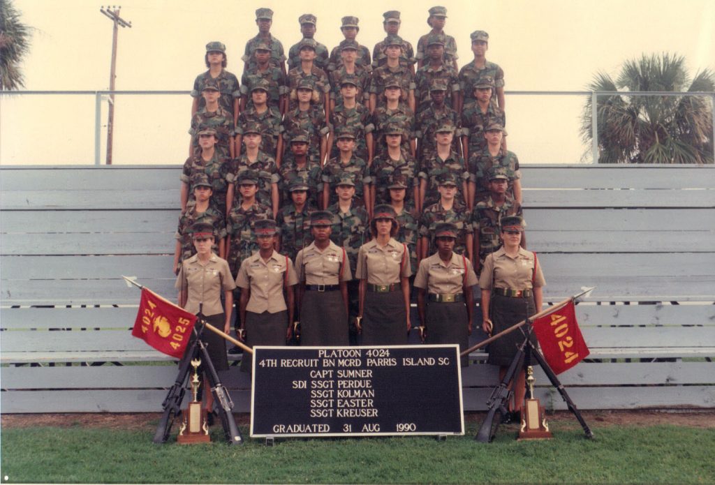 Parrish pictured here with her boot camp graduating class (third row from the top, second from the left).