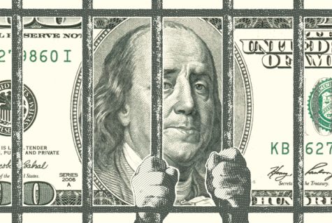 Illustration of the 100 dollar bill. Bejamin Franklin looks depressed as there are jail cell bars that he appears to be gripping.