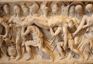 Hector brought back to Troy. From a Roman sarcophagus of c. 180–200 AD.