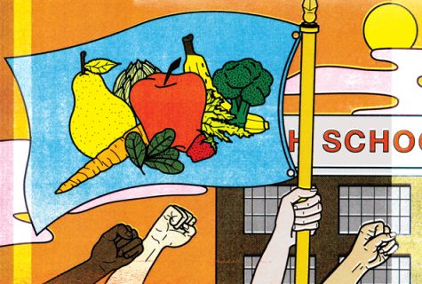 Stylized illustration of raised fists from children in front of a school and holding a flag with vegetables printed on it.