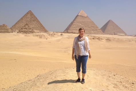 Helen Heston in front of pyramids