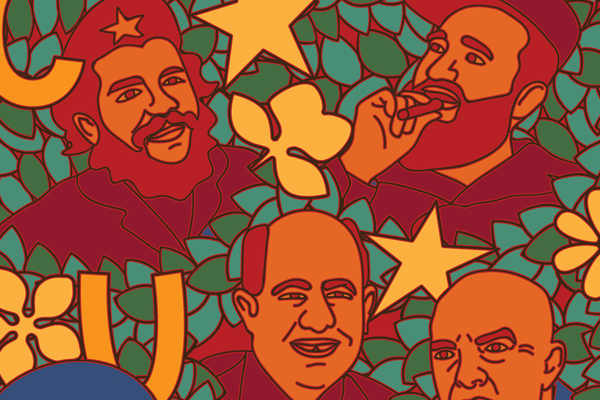 Illustration of Cuban, Russian, and American leaders from the Cold War.