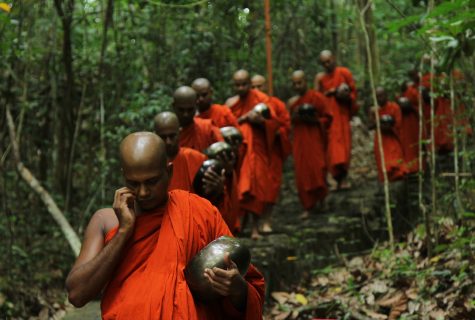 Sadaham Yathra monks walking along a wooden path.