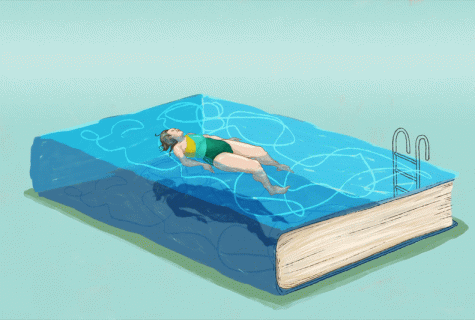 Illustration of women floating in swimming book that is in the shape of a book.