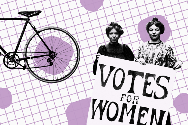 illustration including two women holding votes for women sign, partial view of back bicycle wheel with lavender grid as background.