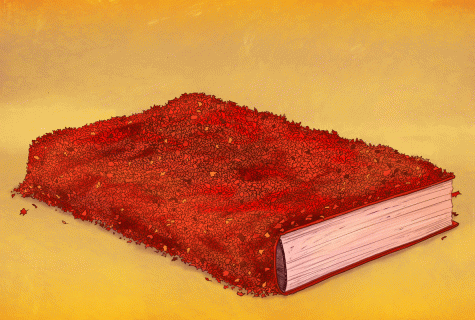 illustration of a woman jumping and fall back into a book made with red leaves.
