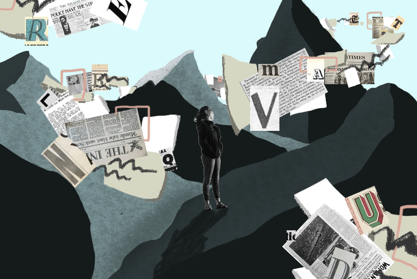 Illustration of woman standing on mountain landscape with newspapers and letters floating like clouds.