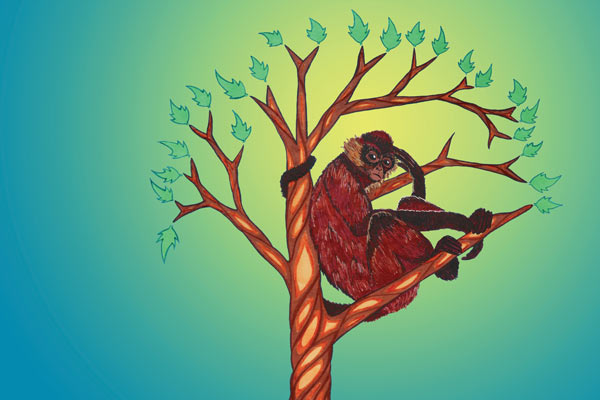 Illustration of a primate in a tree with different animals and objects in its roots
