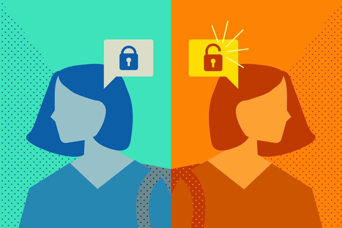 Illustration of two women, one with a lock symbol near her brain, and the other with an unlock symbol