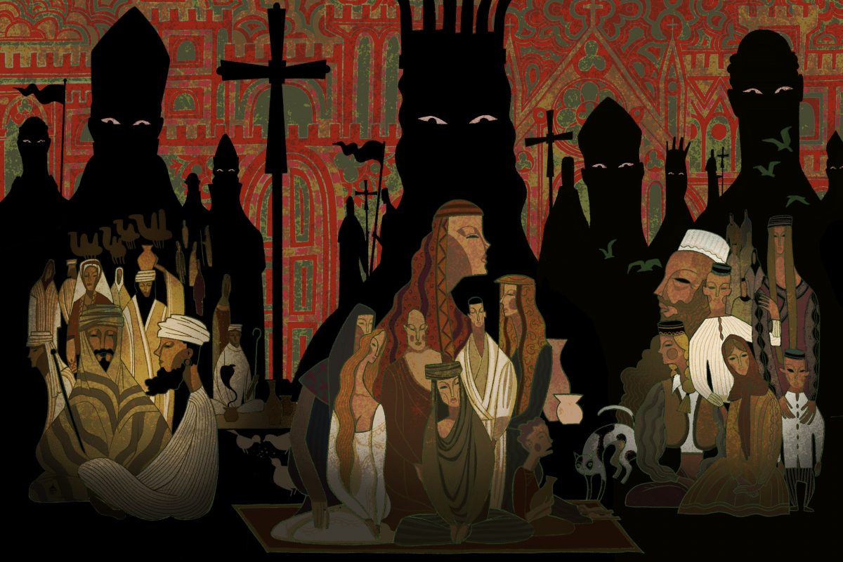 Three groups of people gather during the Crusades as shadowy figures loom in the background.Three groups of people gather during the Crusades as shadowy figures loom in the background.