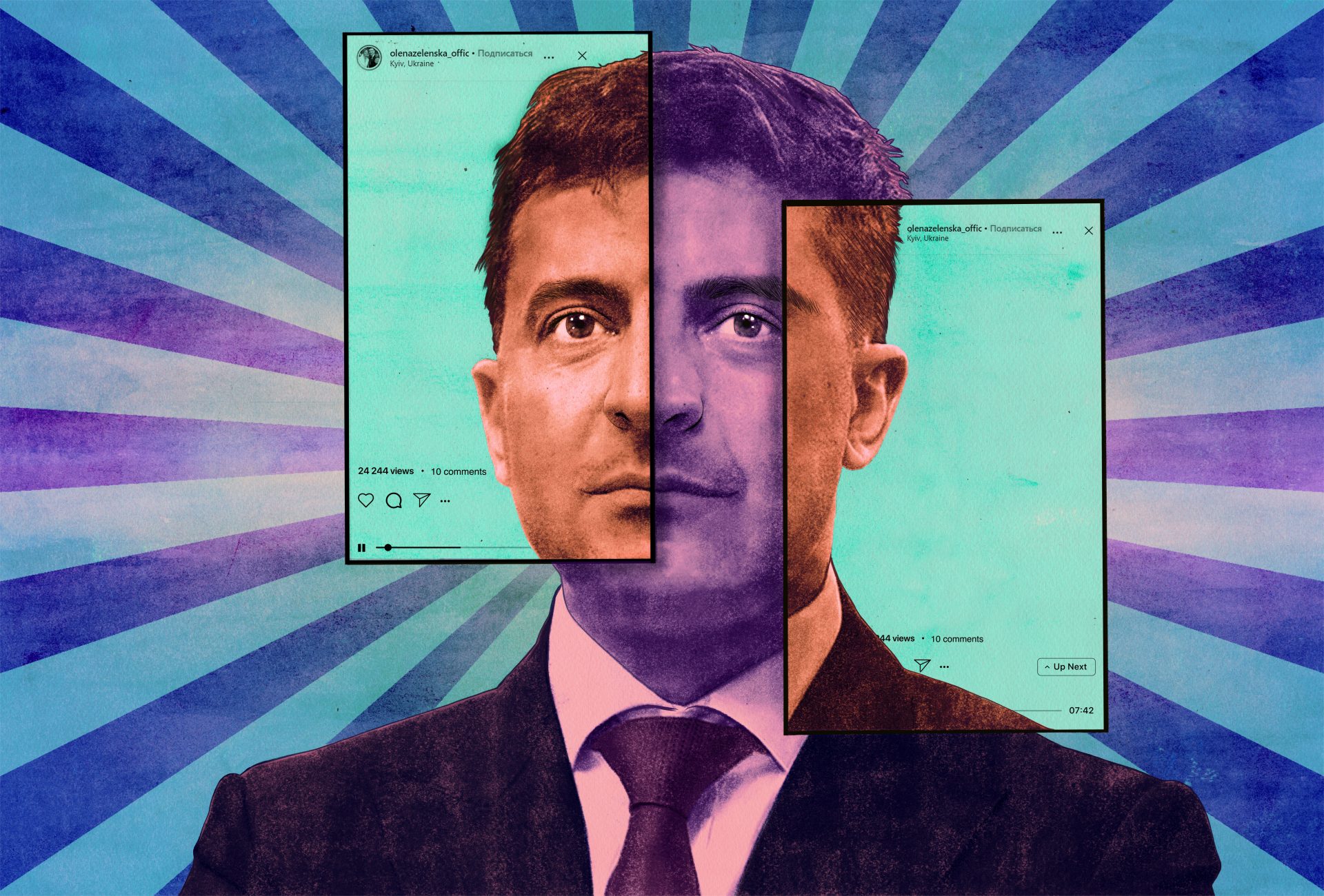 Stylized illustration of Ukraine President Volodymyr Zelensky with social media superimposed over his face.