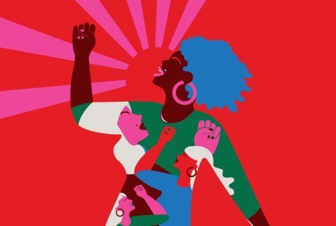 Illustration of a women yelling with a raised fist against a bright red background. In her shirt, there is a pattern of various women with their fists raised.