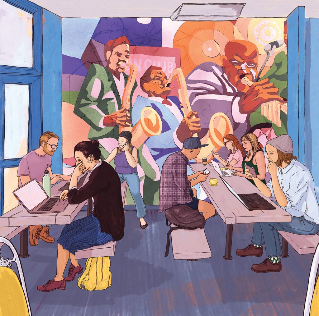 Illustration of the interior of a restaurant filled with millennials on their computers or devices. An old mural of an African-American jazz band overlooks the scene, suggesting gentrification.