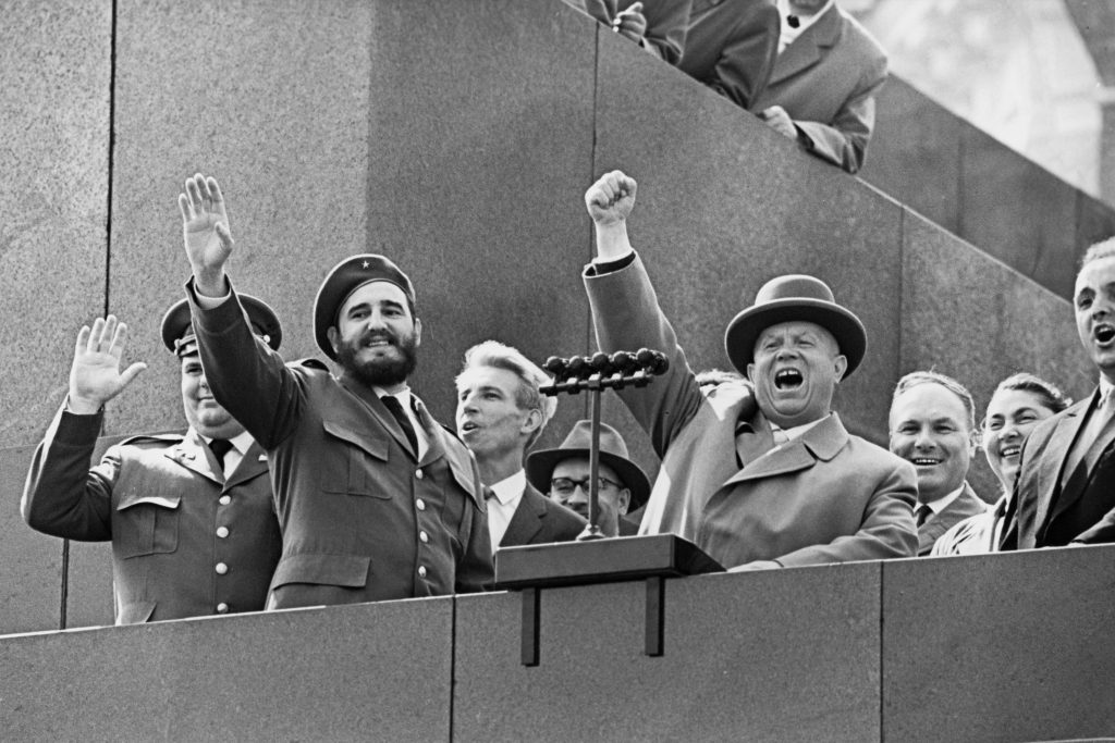 Fidel Castro and Soviet leader Nikita Khrushchev appear together on the rostrum of the Lenin Mausoleum during Castro’s four-week official visit to Moscow in May 1963.