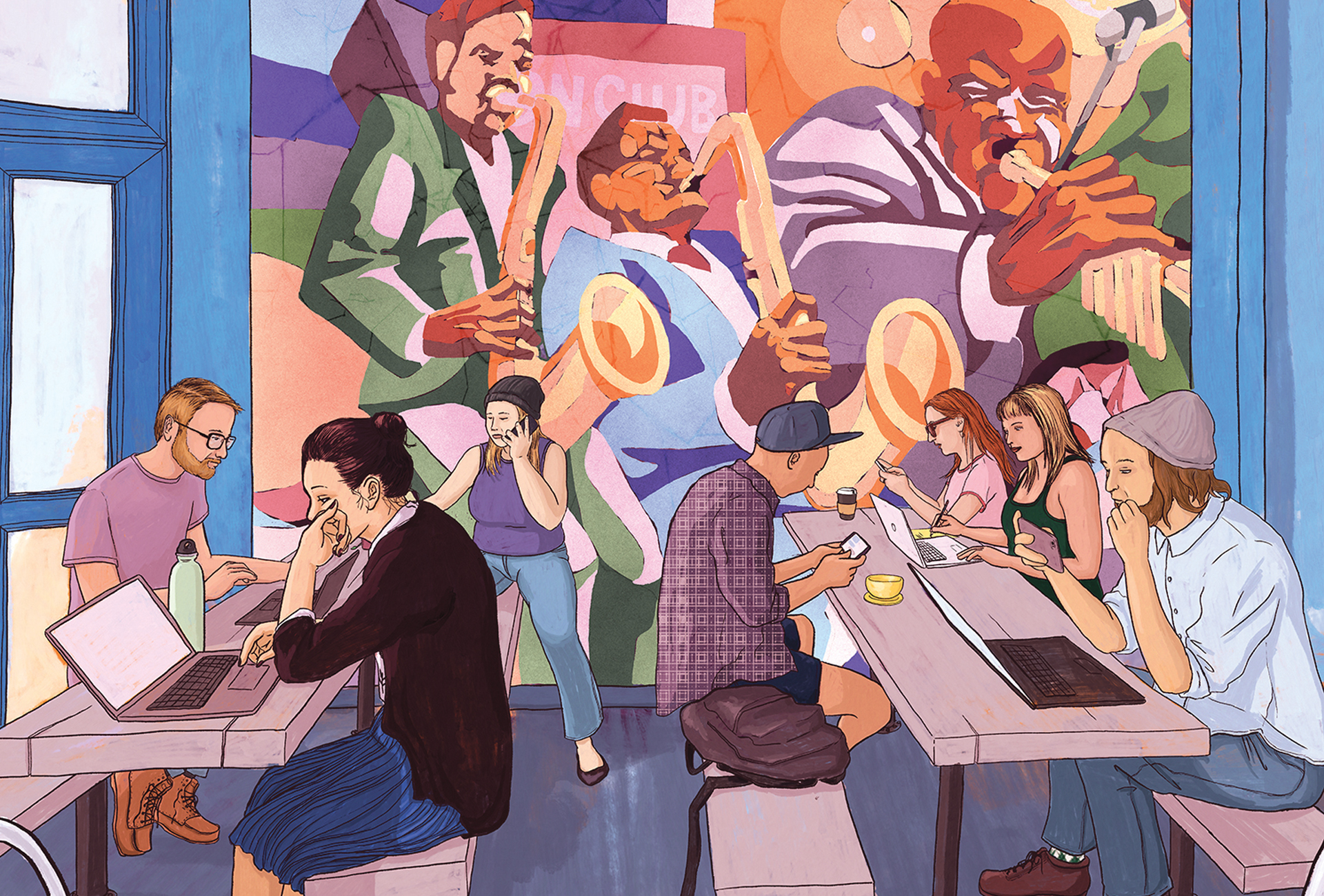 Illustration of the interior of a restaurant filled with millennials on their computers or devices. An old mural of an African-American jazz band overlooks the scene, suggesting gentrification.