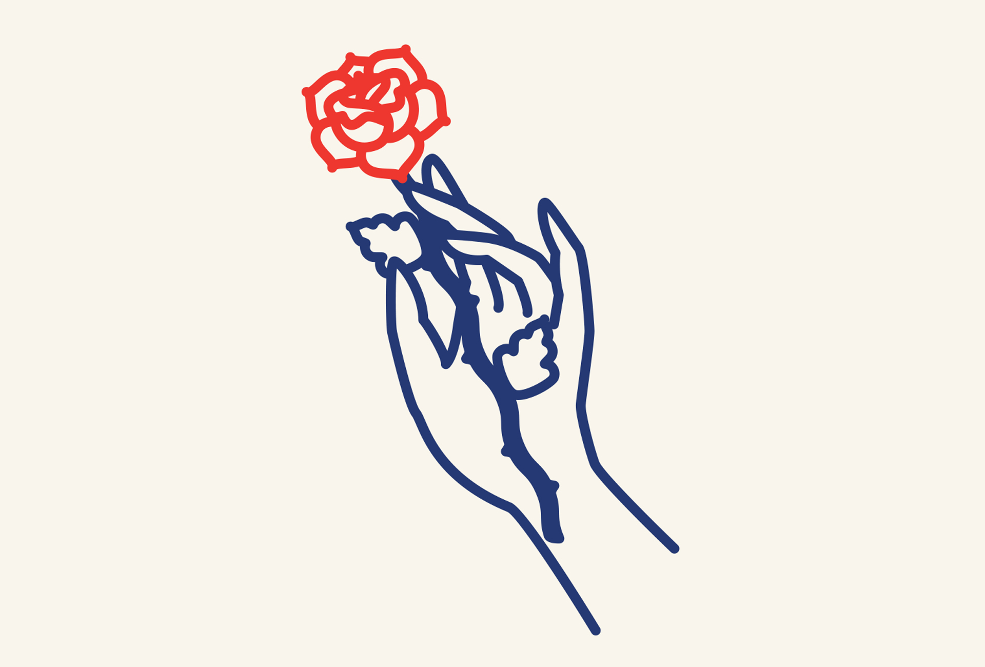 Stylized line illustration of a hand holding a red rose.